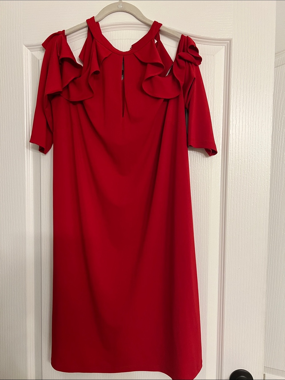 New York & Company Red Cold-Shoulder Ruffle Midi Dress